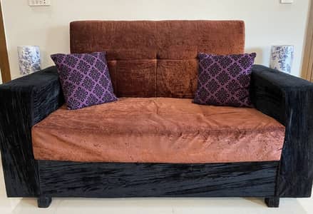 7 seater velvet sofa set (silver, black, rust color) with 12 cushions