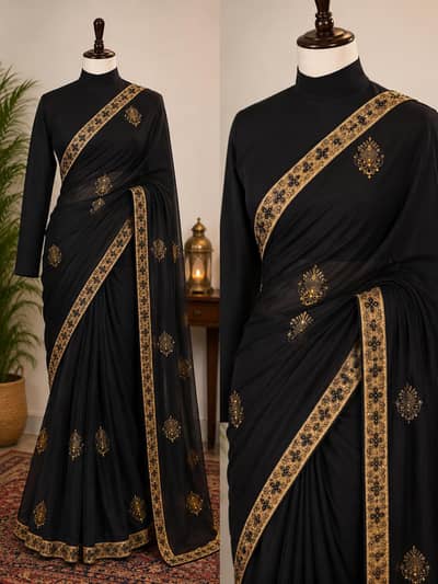 Elegant Black and Golden Saree With Full sleeves blouse