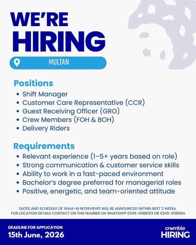 Shift Manager/ Customer Care Representative / CCR / GRO/ Crew Members