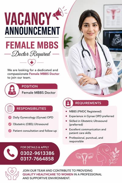 Female MBBS Doctor Required