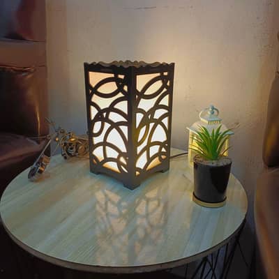rechargeable wooden table lamp with circular cut out design