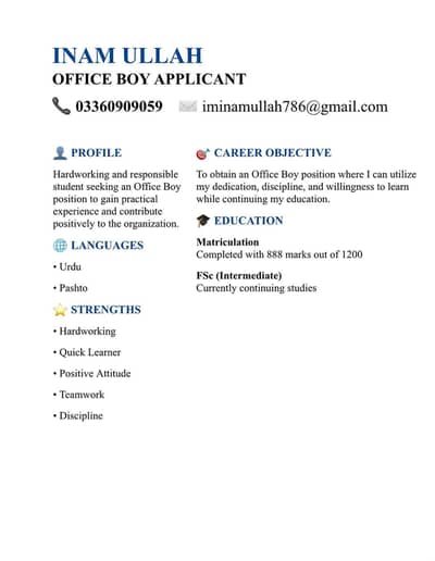 need office boy job in peshawar