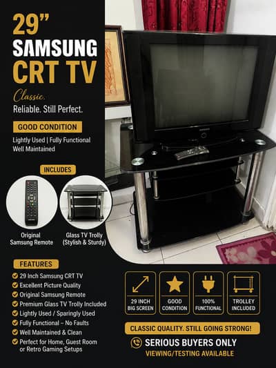 Samsung TV 29 inch with glass TV trolly