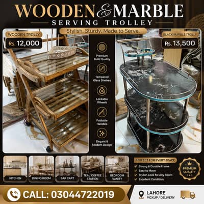 Tier Wooden Trolley/Marble Serving Trolley/Wooden/black marble trolley