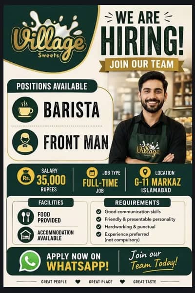 Barista for coffee making Staff Required | Food and Residence Provide