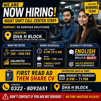 Urgent Hiring Call Center Agents in DHA Lahore (Night Shift) Jobs