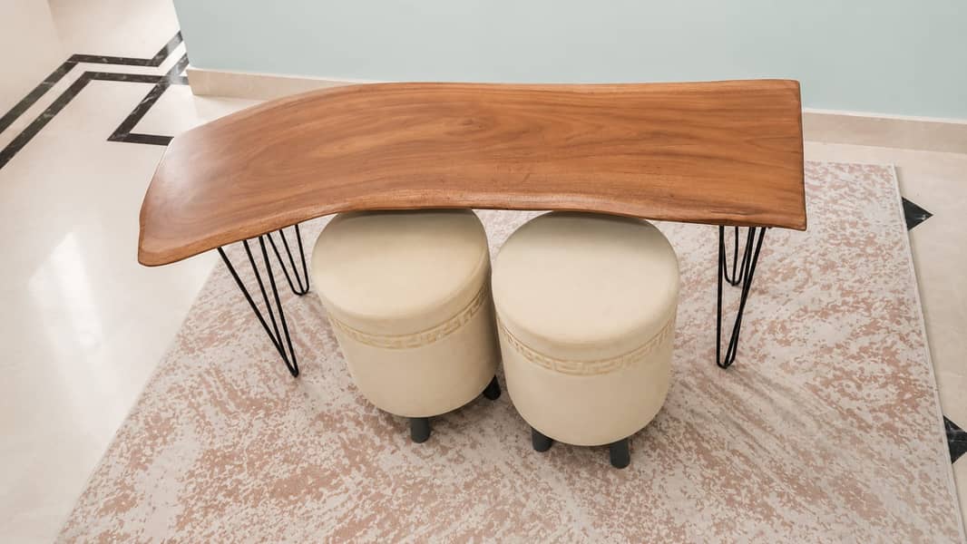 Solid Wood Table with Two Puff Stools 0