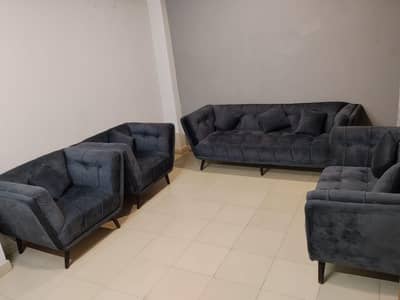 7 Seater Modern Valvet Sofa Set with Center Table - Dark. Grey