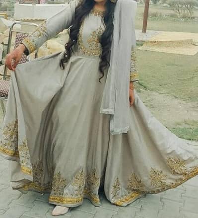 Elegant Silver Grey Embroidered Anarkali Pishwas Dress - 2 Pc