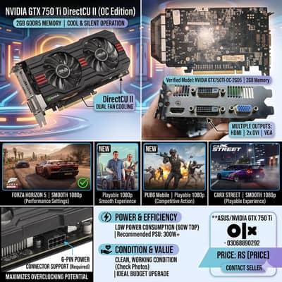ASUS NVIDIA GTX 750 Ti 2GB GDDR5 OC Edition | Dual Fan | 6-Pin Support