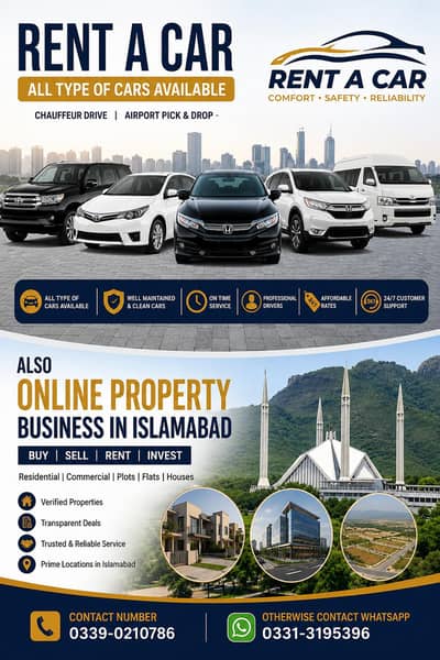 rent a car service and property dealer in Islamabad