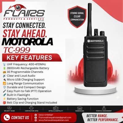 Motorola TC-999 Long Range Rechargeable UHF Walkie Talkie - Radio -