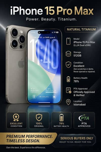 Iphone 15 Pro Max 512GB Natural Titanium PTA Approved Excellent Cond.