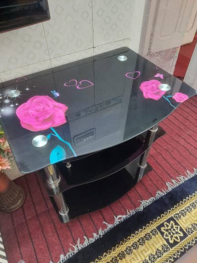 Beautiful Black Tempered Glass TV Console Table with Rose Print