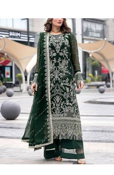 Bottle Green Chiffon Heavy Embroidered Wedding Dress 6000|FACTORY Rate