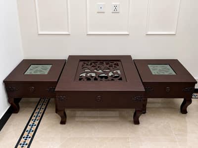 Elegant Wooden Center Table Set with Side Tables – Excellent Condition