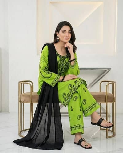 Green Embroidery 3-piece Cotton Lawn Suit For Woman