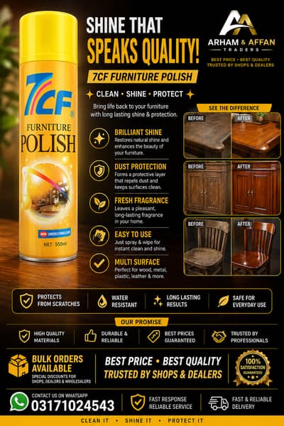 Premium quality 7CF Furniture Polish available for wooden furniture