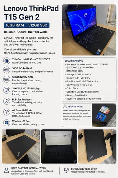 * Lenovo ThinkPad T15 Gen 2 (11th Gen Intel Core i7 for sale