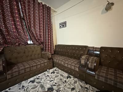6-Seater Wooden Sofa Set 3-2-1– Good Condition | Brown Velvet & Fabric