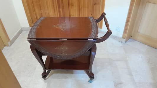Vintage Wooden Drop-Leaf Tea Trolley with Brass Inlay and Carvings