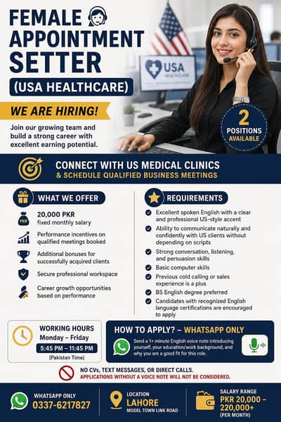 Female Appointment Setter (USA Healthcare) – 2 Positions