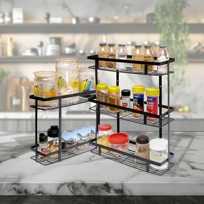 Multi Layer Metal Spice Rack | Kitchen Storage Organizer | Black