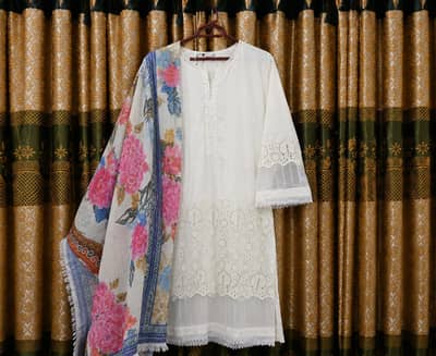 Three piece off white cotton lawn suit