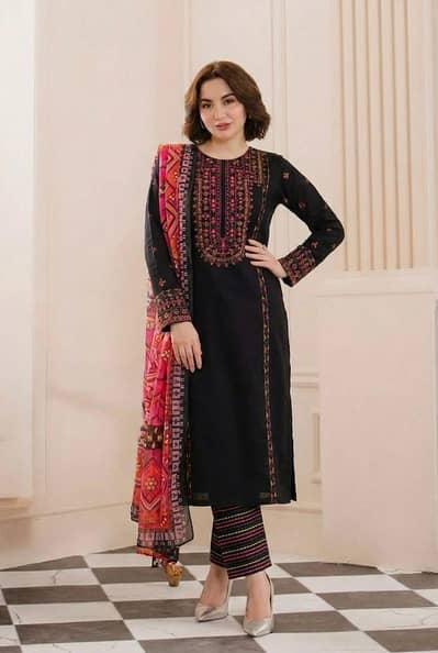 Black unstitched Embroidered Lawn 3 piece | multi chifoon duppatta