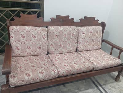 Solid Wood 5-Seater Sofa Set with Cushions (3+1+1) – Good Condition