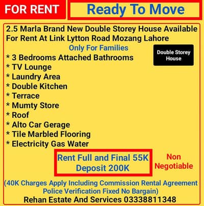 2.5Marla New Double Storey House For Rent At Link Lytton Road Mozang