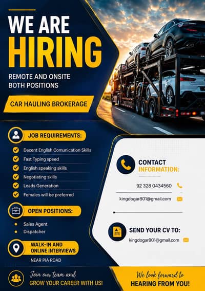 Car hauling Brokerage Agents required/ work from home for females