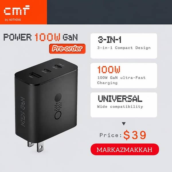 Nothing Power 100W GaN Fast Charger 3-in-1 | 2 USB-C + 1 USB-A | PD 3.0 PPS QC | Laptop Phone Tablet Charger