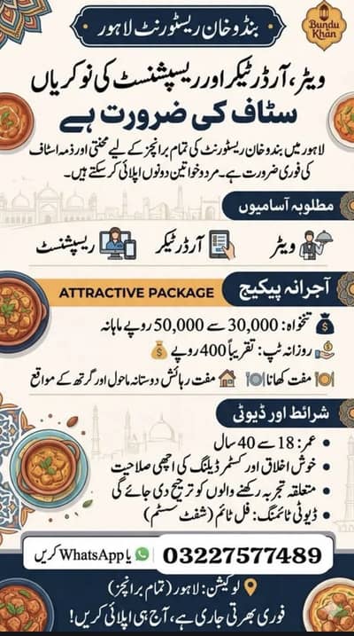 Restaurant & backery staff required waiter oder taker cashier salesman