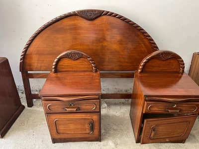 Wooden bed with side table and dressing table