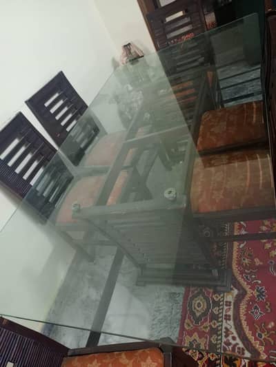 6 seater wooden dining with glass top
