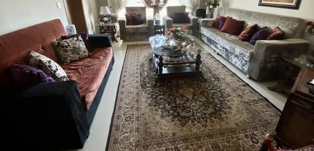 7 seater velvet sofa set (silver, black, rust color) with 12 cushions
