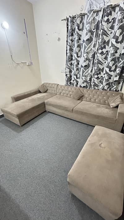 Beige Velvet L-Shape Sofa Set with Ottoman | Personal Use