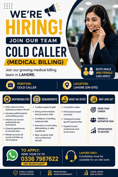 Cold Caller job Lahore | Call Center Job|  /medical Billing Sales