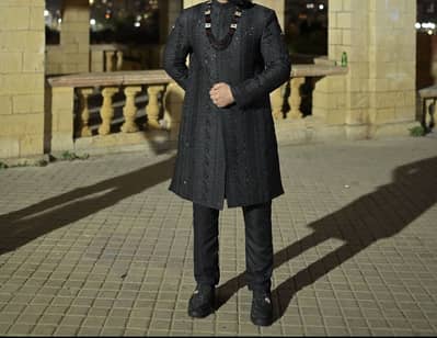 Designer Black Sherwani Complete Set for Groom