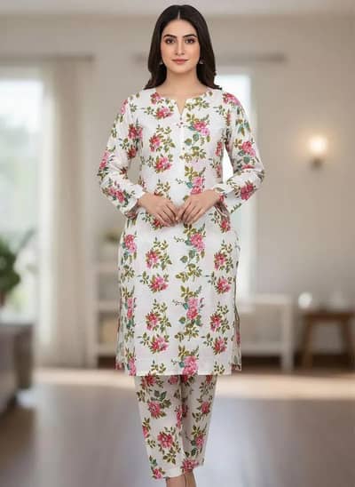 Women Printed 2 Piece Suit White - Unstitched - COD
