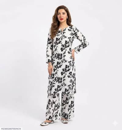 Women Printed 2 Piece Suit White Unstitched COD