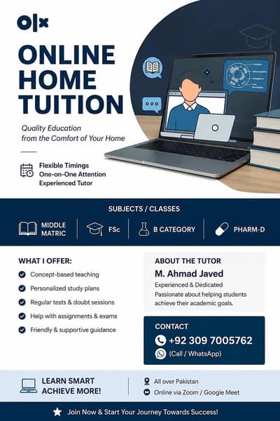 Online Home Tutor Primary, Middle, Matric, Fsc, B-catagory and Pharm-D