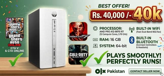 HP Pavilion Gaming PC - AMD A12 (16GB RAM) - WiFi & Bluetooth Built-In
