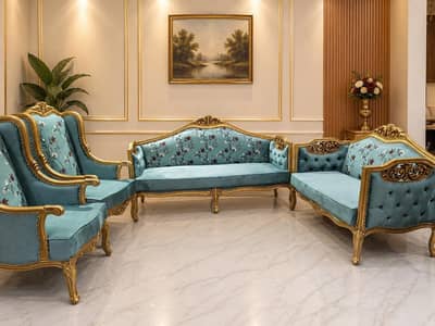 "Luxury Turquoise Velvet 7-Seater Sofa Set with Gold Frame