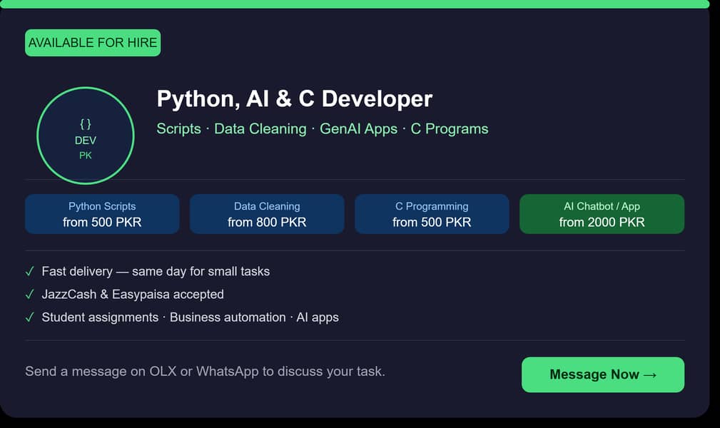 Python, AI & C Developer for Hire — Scripts, Data, Assignments | From 0