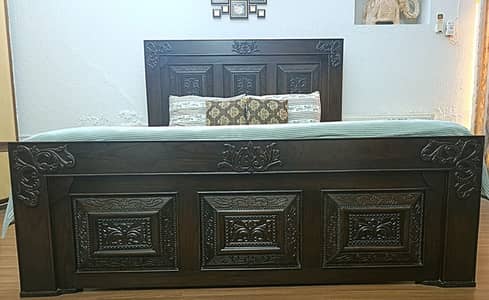 King Size Hand-Carved Wooden Bed + 2 Side Tables + Mattress