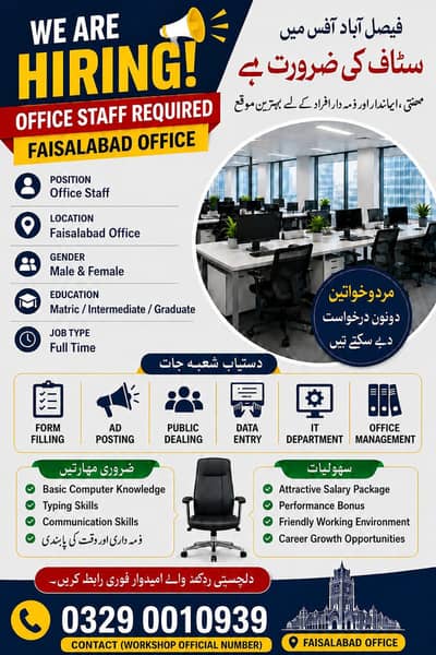 Need Male and Female staff in Faisalabad
