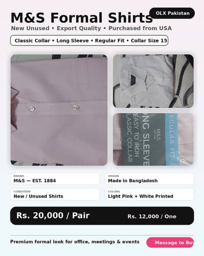M&S New Formal Shirts – Classic Collar, Long Sleeve – Collar Size 15