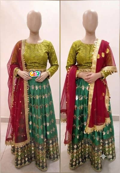 Stylish Olive Green & Emerald Mehndi Lehenga Choli (New Condition)